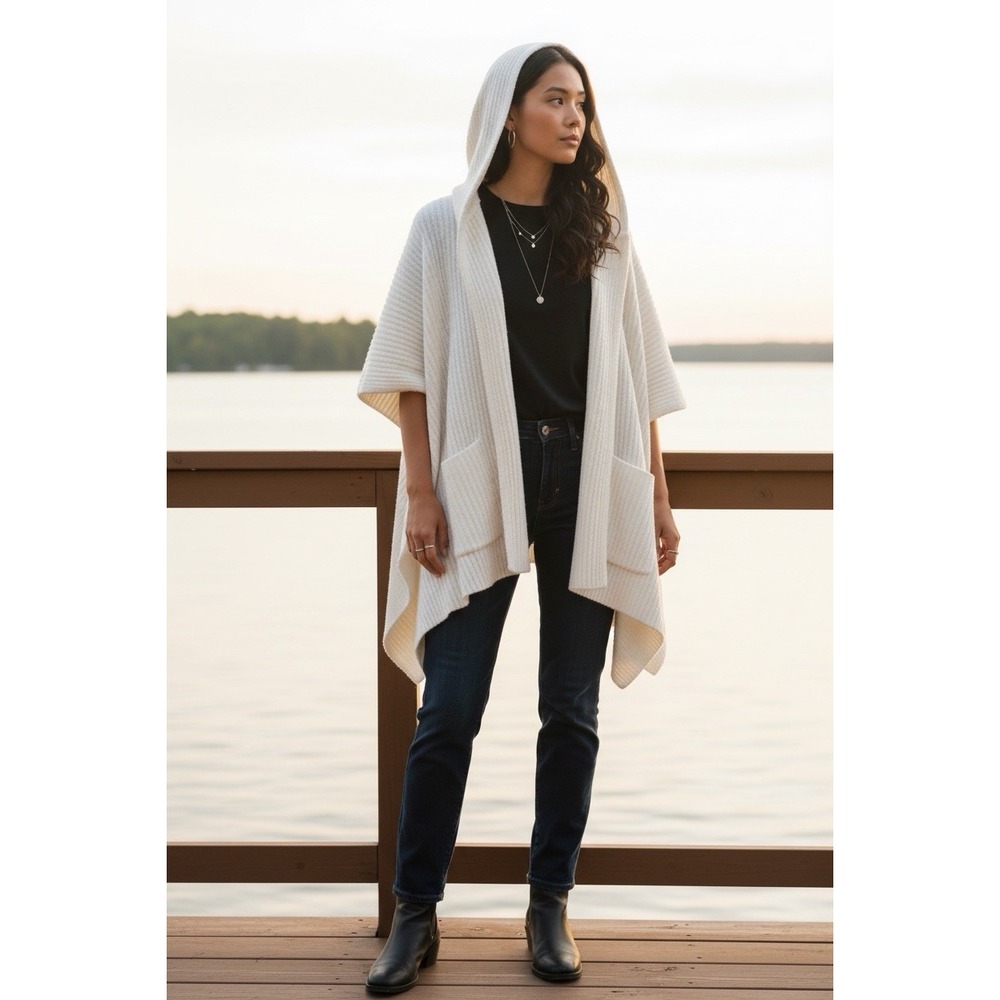 Softies Marshmallow Hooded Shawl Poncho Wrap Arm Slots White One Size Fits Most